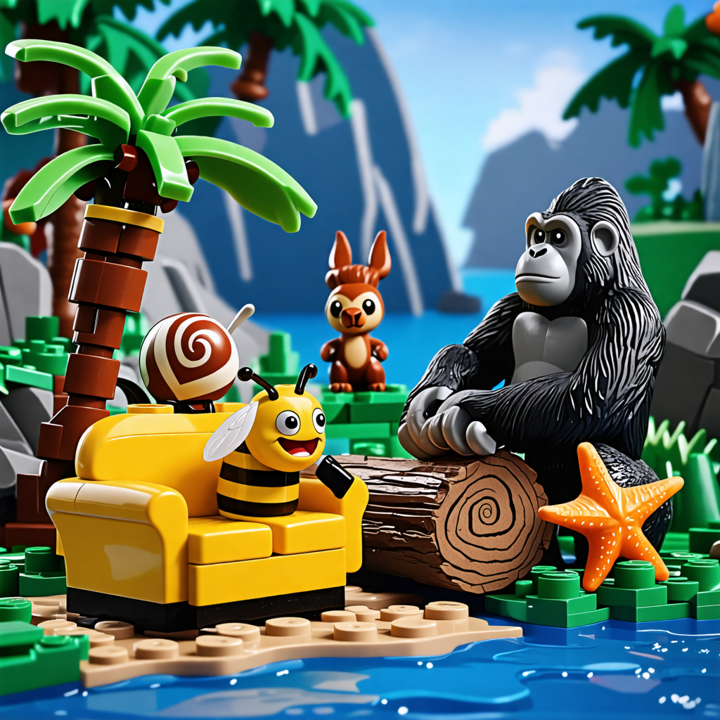 bee, snail, log, starfish, couch, squirrel, gorilla, lego, rock, palm tree